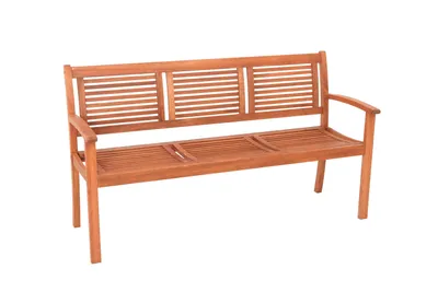 A wooden bench on a white background.