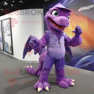 Immagine prodotto di Personaggio del costume della mascotte REDBROKOLY dell Archaeopteryx viola vestito con una tuta e impacchi