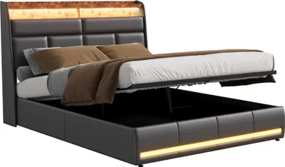 Obrázek produktu pro UnboxG Čalouněná postel 140x200 cm manželská postel s led, postel z masivu s roštovým rámem a čelem, úložná postel funkční postel, úložná postel box spring postel s úložným prostorem, bílá