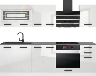 Produktbild von Belini Küchenzeile Küchenblock Margaret - Küchenmöbel 240 cm Einbauküche Vollausstattung ohne Elektrogeräten mit Hängeschränke und Unterschränke, ohne Arbeitsplatten, Weiß Hochglanz