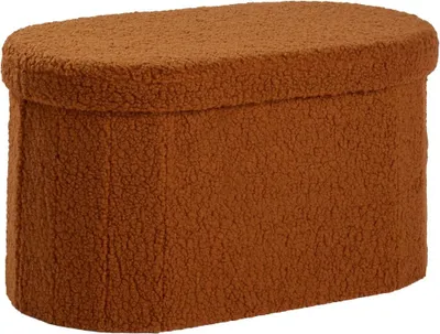 A product shot of an oval storage ottoman.