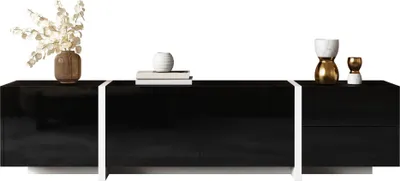 Produktbild von AIORBER TV-Schrank in Weiß Hochglanz mit schwarzen Beinen, Klapptür, Schublade, viel Stauraum, modernes Design, Schwarz