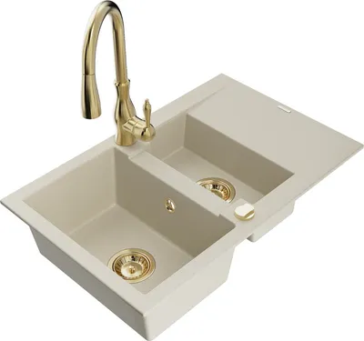 Produktbild von Mexen Gaspar 1,5-Becken-Granitspüle mit Abtropffläche und Mischbatterie Savita, Beige - 6507-69-672601-50
