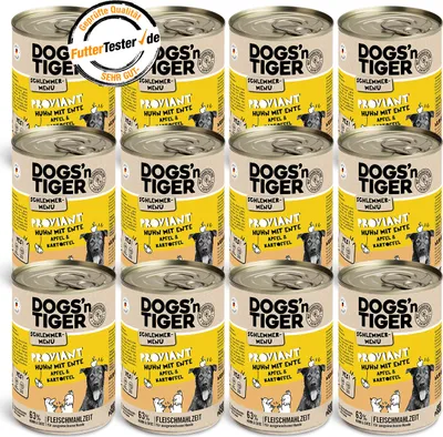 Produktbild von Dogs’n Tiger Adult Hundefutter, Proviant, Nassfutter, Getreidefrei, Huhn, Ente, Apfel & Kartoffel, 12x400g