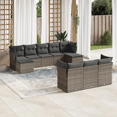 Produktbild von Design 10-tlg. Garten-Sofagarnitur mit Kissen Grau Poly Rattan, Gartenmöbel-Sets 2024 Neu