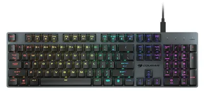 A top-down view of a gaming keyboard with RGB lighting.