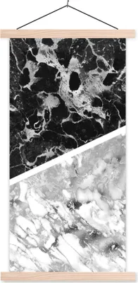 Produktbild von MuchoWow® Textilposter Marmor - Schwarz - Weiß - Luxus 60x120 cm mit holzfarbenen Rahmen - Holz