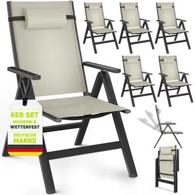 Produktbild von tillvex Gartenstuhl Premium 6 Stück Beige klappbar aus Aluminium | Hochlehner mit Armlehnen | Klappstuhl verstellbar | Klappsessel Balkon Garten Terrasse