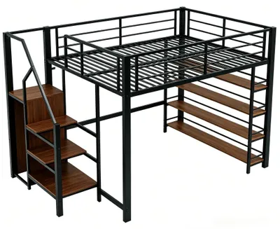 Image de Lit simple haut pour adolescents - Structure en métal - 140 x 200 cm - Échelle de sécurité - Espace de rangement et petite armoire - Noir