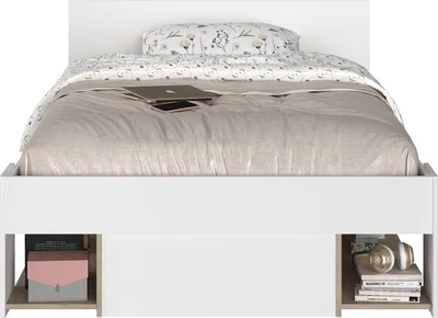 Produktbild von Bett 120 x 190/200 cm mit Kommode und - Weiß und Natur - KINSELIA