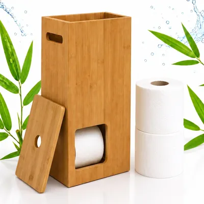 Image de Relaxdays, porte-rouleaux de papier toilette, capacité pour 8 rouleaux, dimensions (H x L x P) : 50 x 25 x 14 cm, avec poignée, support pour rouleaux de rechange, modèle autoportant, en bambou, couleur naturelle, Image générée par une IA