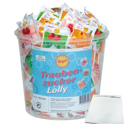 Produktbild von Frigeo Traubenzucker Lollys Lutscher 100St (750g Eimer) + usy Block