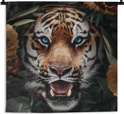 Produktbild von MuchoWow® Wandteppich Wandbehang Tiger - Blatt - Blumen 150x150 cm Tapisserie Dekoration Wandtuch - Wohnaccessoires - Modernes
