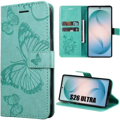 Image de Coque pour Samsung Galaxy S26 Ultra, Protection Antichoc Anti-Rayures Effet Cuir Vert avec Motif Papillon