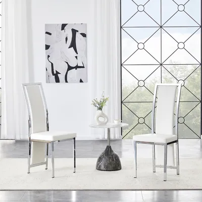 Immagine prodotto di Set di 2 sedie da pranzo, con bordo decorativo, rivestite in PU, struttura in metallo, altezza 109 cm, versatili (bianco e argento)