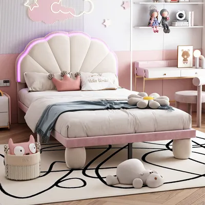 A child's bedroom with a bed, desk, and shelves.