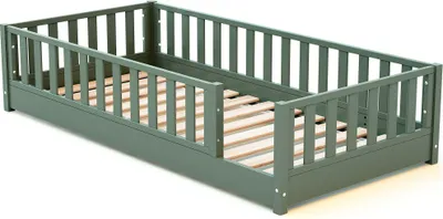 Image de JURABABY - Lit au sol enfant en bois SONHO - 90x190 - Vert sauge | Avec barrière amovible gauche ou droite | Lit enfant avec sommier