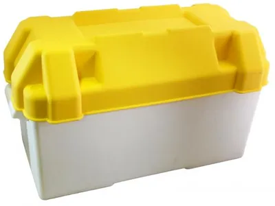 Produktbild von Gelber Kunststoff Batteriekasten mit Trennwand und Gurten, 450x288x238 mm