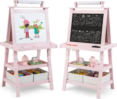 Produktbild von GOPLUS 3 in 1 Standtafel für Kinder, Magnetisches Whiteboard & Kreidetafel, Doppelseitiger Staffelei mit Aufbewahrungsbox, Maltafel, Schreibtafel, Kindertafel ink. Malpapier und Magneten (Rosa)