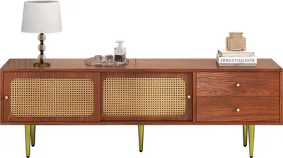 Produktbild von Merax TV-Lowboard mit 2 Schubladen und 2 Schiebetüren, TV-Schrank mit Rattan Geflecht und Metallfüße, 160*40*60cm, Vintage Braun