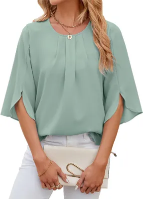 Image de ASKSA Chemise Femme Manches 3/4 Plissées Col rond Mousseline Chemises d'été Tops Flowy en vrac, Vert clair, Taille : XL