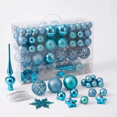Immagine prodotto di Set di 111 palline di plastica per albero di Natale, resistenti alla rottura, color turchese, con ganci in metallo inclusi