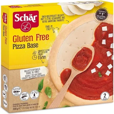 A box of gluten-free pizza bases with a close-up of a pizza base with sauce and toppings.