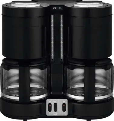 A black Krups Duothek Plus filter coffee machine with two brewing systems is shown against a white background.