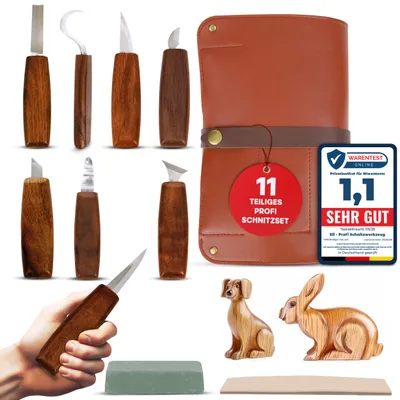 Produktbild von Eli® Profi Schnitzwerkzeug Set inkl. Tasche und Lederriemen - hochwertige Walnussholzgriffe - rostfreier Stahl - Schnitzmesser - Holzwerkzeug