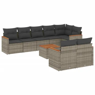 Image de Salon de jardin modulaire 9 pièces, résine tressée grise, coussins déhoussables, rangements intégrés, table en bois d'acacia massif