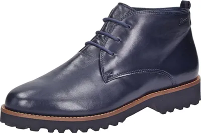 A single blue leather boot is shown against a white background.