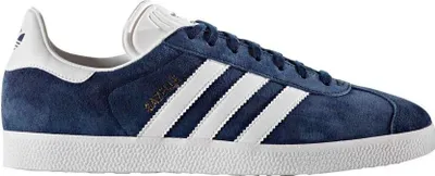 A side view of a blue Adidas Gazelle sneaker with white stripes.