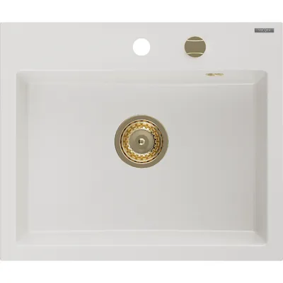 Zdjęcie produktu dla Mexen Oscar zlewozmywak granitowy 1-komorowy 580 x 490 mm, biały, syfon złoty - 6519581000-20-G