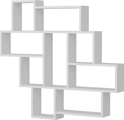 A white, modern, geometric wall shelf unit with multiple compartments.