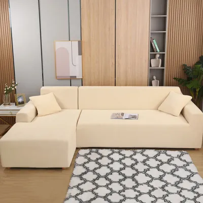 Produktbild von (Beige) L-förmiger Sofabezug, 2-teilige Plüschverdickung, elastische Sofabezüge, Schnittsofa, L-förmiger Sofa-Möbelschutz für Kinder und Haustiere