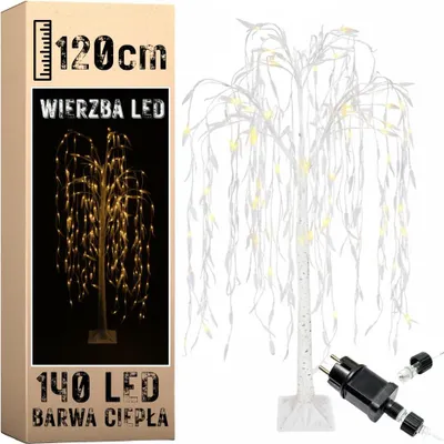 A product shot of a decorative LED willow tree with its packaging.
