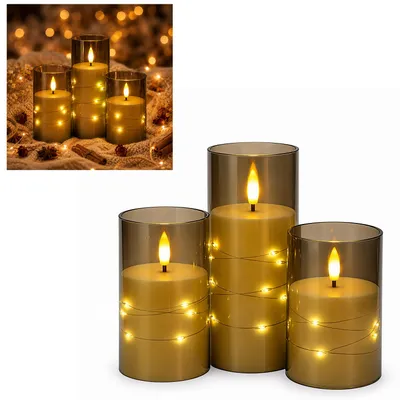 Produktbild von Ikodm 3er-Set LED Kerzen mit Lichterkette und Fernbedienung,flackernd,warmweiß,mit grauen Acrylbechern