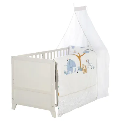 Produktbild von roba Komplettbettset Savanna Friends - Babybett 70 x 140 cm aus Holz inkl. Matratze, Bettwäsche, Himmel & Himmelstange - Mitwachsend ab 6 Monate