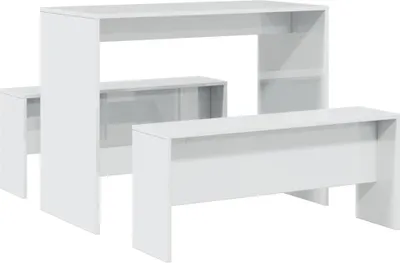 A white dining table and bench set is displayed against a white background.