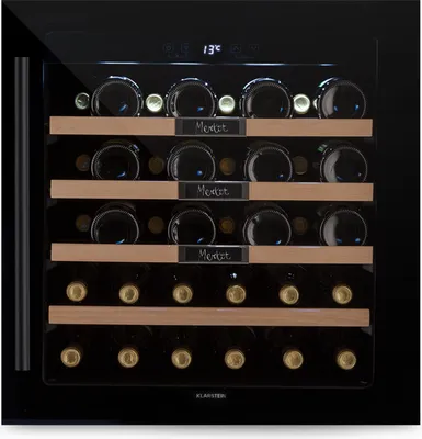 Produktbild von Klarstein Einbau-Weinkühlschrank, 36 Flaschen, 92 Liter, 1 Zone, 5-20°C, Glastür mit UV-Schutz, leise, Indoor/Outdoor, Holz, Edelstahl, abgedunkeltes Sicherheitsglas, dreifarbige LED-Innenbeleuchtung, 54 x 59 x 54 cm (B x H x T), 41 dB