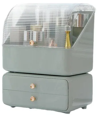 Produktbild von Unyqoos® Kosmetik-Organizer 3-lagig mit transparentem Klappdeckel, staubdichter Box & 2 Schubladen, robuster Kunststoff, für Bad & Schlafzimmer