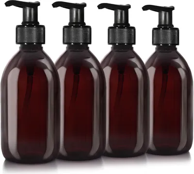Produktbild von Oputec 4 x 300ml braune Seifenspender aus Kunststoff + Etiketten - Nachfüllbare Shampoo- & Duschgel-Pumpflaschen