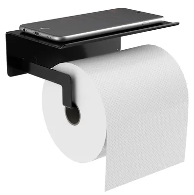 Image de Porte-papier hygiénique adhésif avec tablette – Porte-papier hygiénique noir, sans perçage, fixation murale pour la cuisine et la salle de bains