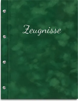 Produktbild von Zeugnismappe im grünen Samteinband mit hochwertiger Beschriftung in silber – handgefertigte Mappe für Zeugnisse inkl. 12 Sichthüllen