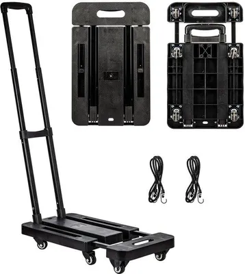Productafbeelding van Unyqoos® Opvouwbare transportwagen – inklapbare transportkar, draagvermogen 227 kg, staal, 6 wielen, antislipoppervlak en elastische spanriemen, geschikt voor verhuizingen en reizen