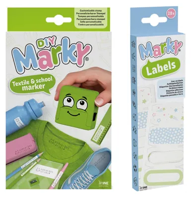 Obrázek produktu pro Sada razítek MARKY v zelené barvě, s černým inkoustem, určená k označování různých povrchů