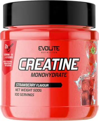 A red container of Evolite Nutrition Creatine Monohydrate powder with strawberry flavor.