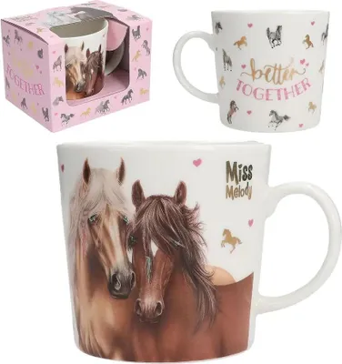 Immagine prodotto di Tazza Miss Melody con scatola regalo, motivo doppio cavallo, finitura oro, bianca, Vetroceramica, 250 ml