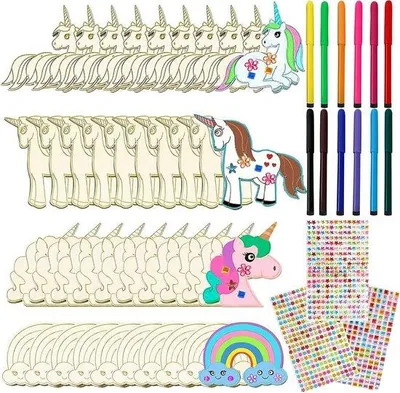 Produktbild von Famanu Bastelset Einhorn für Kinder - 55 Teile mit Holzmaterialien und Edelsteinstickern