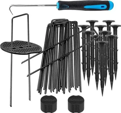 Produktbild von Famanu Gartenclips Set 50 U-förmige Clips, 10 Kunststoffpfähle, 20 Bufferscheiben, 1 Pflückhaken - Schwarz